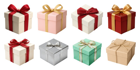 Fototapeta premium PNG Colorful gift boxes with ribbons, element set on transparent background