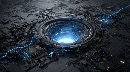 Circular structure with blue light emanating from the center on a dark surface.