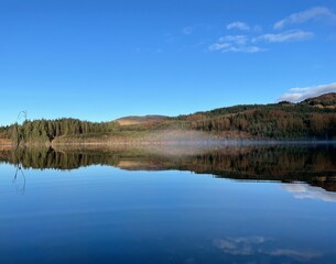 reflection of trees and mountains in lake in Scotland
