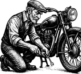 Naklejka premium Elderly Man Fixing Vintage Motorcycle, Engraving Style Illustration, Retro Mechanical Nostalgic Black and White Art