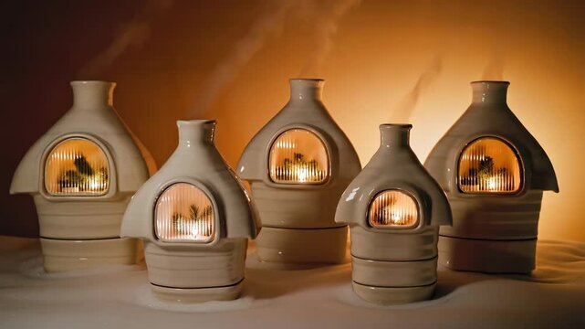 Elegant ceramic lanterns emit a warm amber glow, creating a cozy ambiance. perfect for home decor, these lanterns feature intricate designs and soft lighting, craftsmanship and style suitable for a tr
