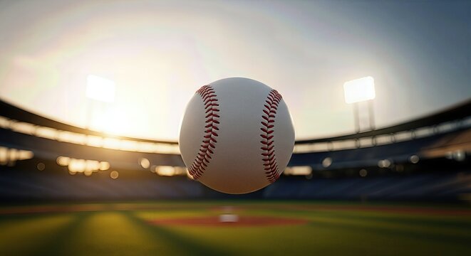 Classic baseball soaring past bright stadium lights during vibrant evening game. Lush green grass field, empty bleachers, thrilling athletic competition. - Powered by Adobe