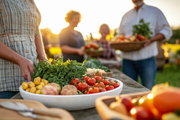 Community Harvest Celebration with Fresh Produce on Rural Farm