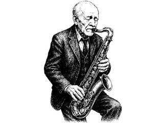 Vintage Saxophone Player, Elderly Musician Engraving Style Illustration, Retro Black and White Vector Art