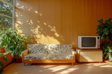 Retro Living Room Interior with Floral Sofa and CRT Television