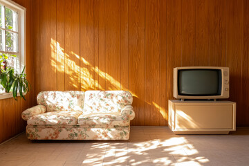 Retro Living Room Interior with Floral Sofa and CRT Television