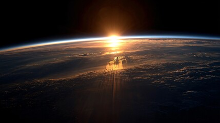 Earth seen from space with a bright sunrise or sunset over the horizon.