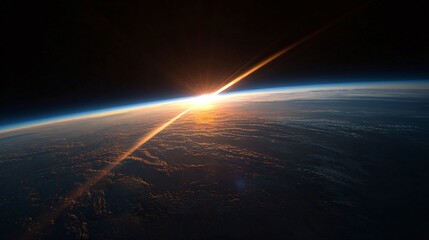 Sunrise or sunset over earth viewed from space showing atmospheric glow.