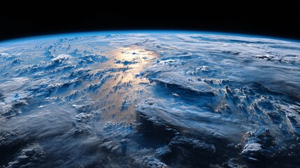Earth view from space showing clouds and ocean with sunlight reflection.