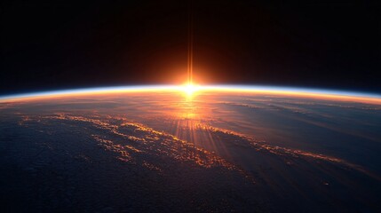 Sunrise or sunset over earth horizon with bright light and dark space.