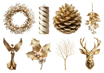 Obraz premium PNG Elegant gold Christmas decorations collection, element set on transparent background