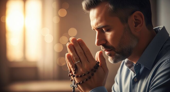 Faithful man experiencing spiritual introspection and deep prayer, hands united, clasping devotional beads with crucifix, surrounded by warm ethereal glow, seeking divine guidance and solace.