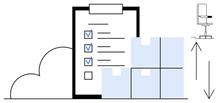 Checklist with marked tasks, stacked boxes, cloud, office chair, growth arrows. Ideal for logistics, inventory, productivity cloud storage goal tracking warehousing efficient management. Simple