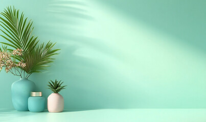 Obraz premium Pastel Light and Shadow Abstract Backdrop for Seasonal Product Display: Minimal Clean Design for Summers with Soft Blue Light and Concrete Texture