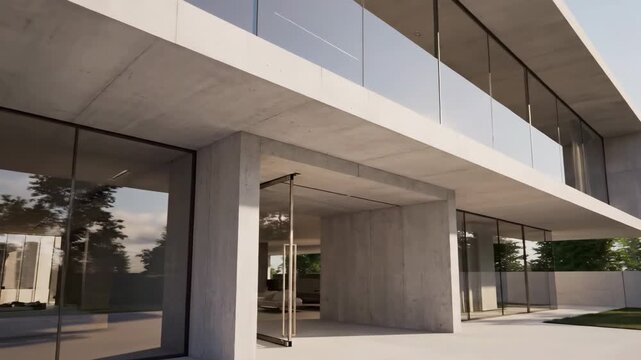 Hyper-realistic 3D render of a modern concrete and glass luxury house exterior with lush green trees and bright sunlight.