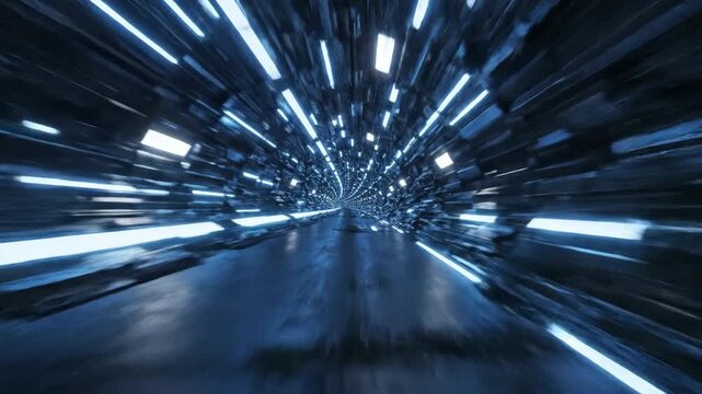 Sci-fi digital tunnel with glowing neon lights, abstract futuristic corridor, motion blur, digital art, 3D render