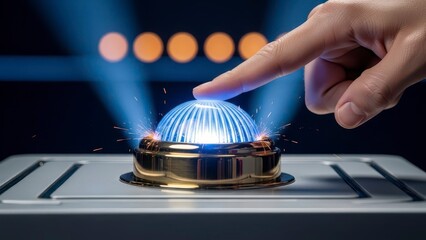 Finger pressing a glowing blue button with lights in the background.