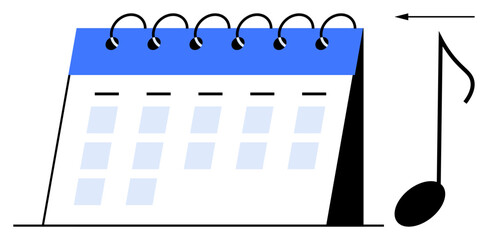 Music scheduling concept. Spiral-bound calendar paired with a music note visually the concept of planning or scheduling music events. Ideal for music management, event planning, education