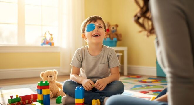 Happy cheerful boy with blue eye patch, amblyopia treatment. Child patient vision correction. Ophthalmologist and pediatric eye care concept.