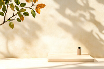 Natural Light and Texture Mock-Up with Beige Table, Textured Wall, and Leaf Shadows Creating a Warm and Inviting Atmosphere Perfect for Cosmetics Product Presentations
