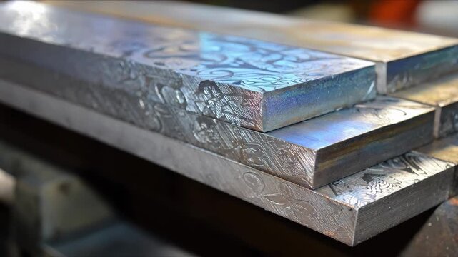 Medium shot of etched cobalt strips showcasing precise surface patterns and textures in a clean manufacturing environment.