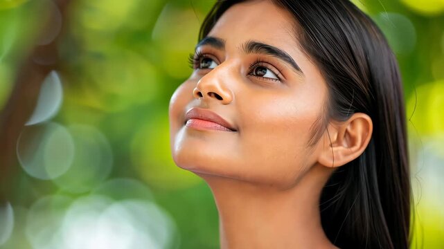 Serene Reflection: A young woman looks upward, bathed in soft, natural light, as a gentle smile graces her lips, conveying a sense of peace and optimism.