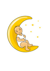 Smiling baby is sitting on the moon