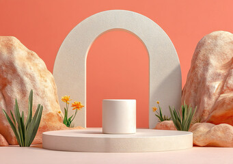 Modern Podium Design Featuring a Cream-Hued Cylindrical Shape on a Distant Architectural Gate Backdrop with a Simple Studio Wall Scene