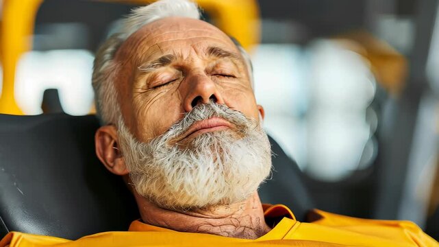 Senior Strength: A serene older gentleman rests, embodying the calm after a rigorous physical exertion. His face reflects inner peace and content