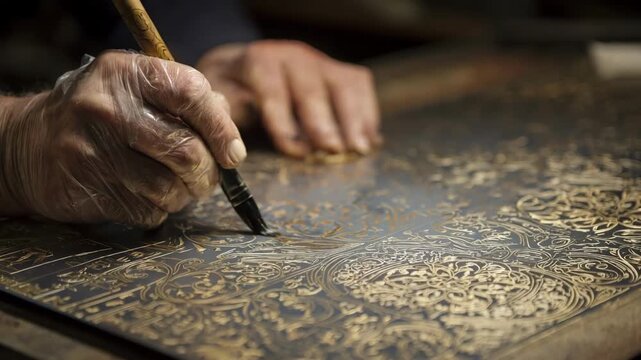 Medium shot of a craftsman using protective masking techniques to achieve segmented electroplating on a decorative metal surface with fine detail.