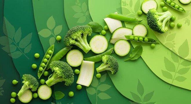 A green themed arrangement of broccoli, peas and zucchini on leafy green background layers