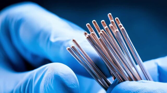 Medium shot of delicate microscale copper wires being carefully handled in a cleanroom emphasizing precision and advanced quality control.