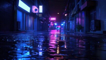 Neon Alleyway: A captivating shot of a rain-slicked alleyway at night, bathed in vibrant neon hues. Reflective puddles mirror the glowing signs above, enhancing the atmospheric, urban scene.