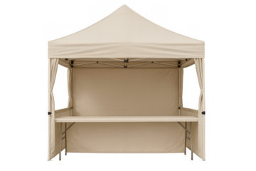 Empty beige pop-up canopy tent with serving counter, ready for outdoor market event display booth