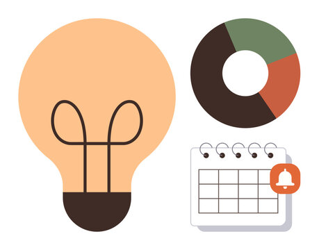 Light bulb for creativity, pie chart for data or progress, and calendar with alert for scheduling. Ideal for innovation, productivity, planning, organization, analysis, goals simple flat metaphor