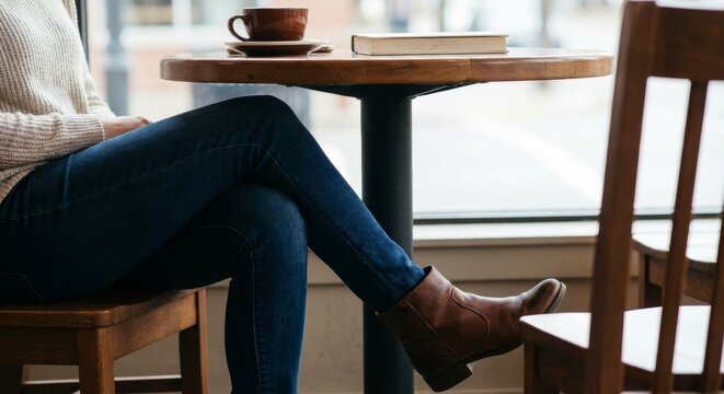 Person sitting indoors wearing dark blue jeans and brown leather boots with a light knitted sweater, casually resting by a wooden table with a coffee cup and book in a bright cafe setting photography - Powered by Adobe