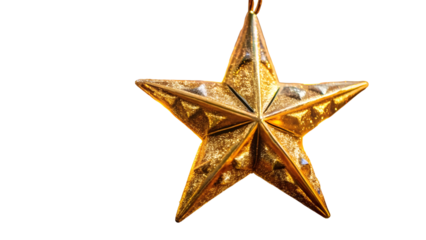Golden star ornament shimmering with festive joy, perfect for holiday designs, adding warmth and sparkle to seasonal projects, conveying elegance and celebration
