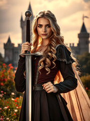 Retrato Realista de la Dama de los Rizos Dorados y la Espada Antigua