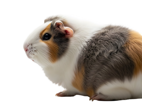 Close up portrait of a fluffy tri color guinea pig on a black background