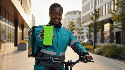 Smiling African American female delivery person on an electric scooter showing a smartphone with a green screen for copy space highlighting modern urban logistics and efficient service.