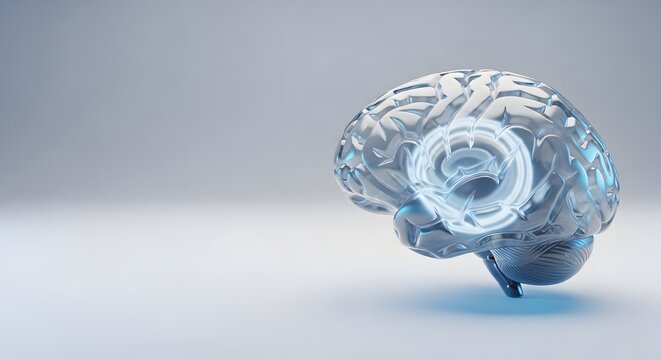 Glowing transparent 3D brain model with internal light waves for mental health awareness and advanced cognitive function concept on a clean background