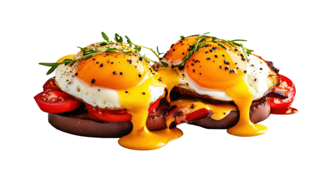 Sunny side up eggs on toast with tomatoes on Transparent Background
