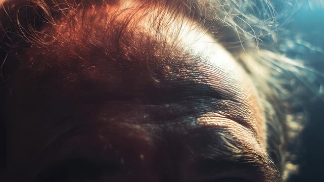 The weathered forehead of an elderly man shows deep lines, a testament to years of wisdom and experience. Wisps of gray hair catch the warm light, adding character and depth to the