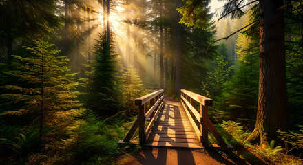 Forest Wooden Bridge Sun Rays Path Golden Light