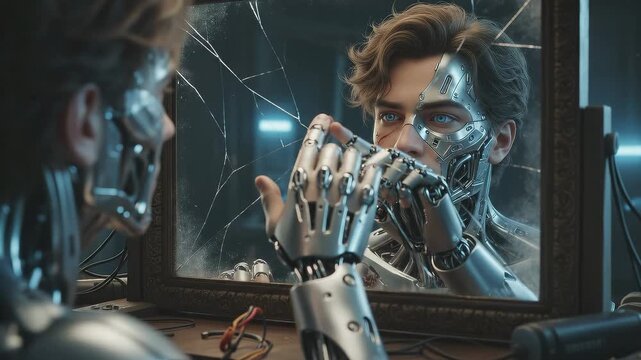 Young cybernetic man examines his reflection in a cracked mirror. Exploring self-identity in a futuristic setting with camera panning and tilting.