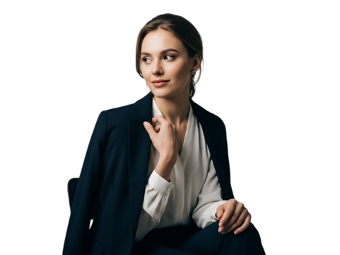 Professional woman in a dark suit and white blouse posing confidently