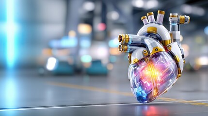 Futuristic robotic heart in a high-tech laboratory setting showcasing advanced medical technology and innovation in healthcare at midday