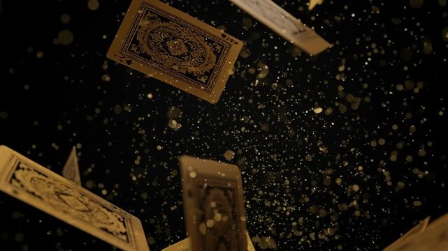 Tarot cards falling in dark space with glowing particles. Tarot cards scatter with magical energy, suggesting divination, mystery, and fate. Tarot cards represent esoteric knowledge, intuition,