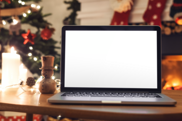 Festive laptop mockup scene, transparent design