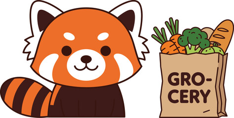 Cute red panda with grocery bag full of vegetables, adorable cartoon animal illustration for kids, stickers and printables, vector art © Creative_design